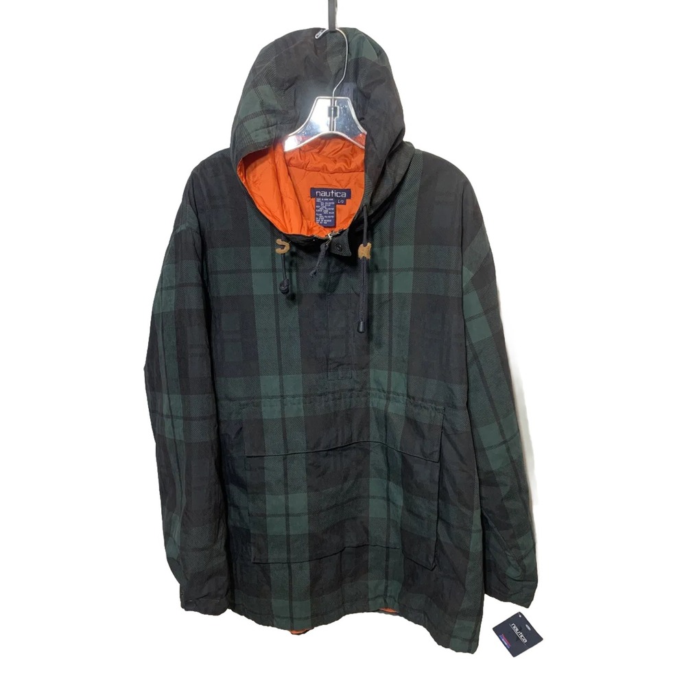 Nautica Mens L 90s Blackwatch Plaid Kangaroo Pocket Pullover Jacket J96157 NEW
